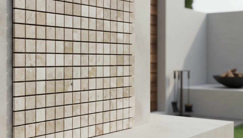 Close-up of Silver Travertine Tumbled 1 x 1 Square Mosaic, in Silver tones.