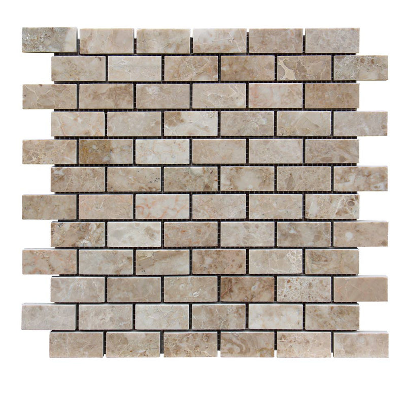Close-up of Silver Travertine Split Face 1 x 2 Mosaic, in Silver tones.