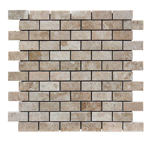 Close-up of Silver Travertine Split Face 1 x 2 Mosaic, in Silver tones.