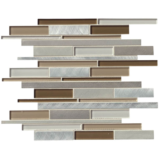 Madison Avenue interlocking glass and metal mosaic with narrow horizontal strips in beige, brown, silver and pale metallic tones.