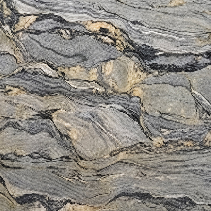 Magma Blue 3cm polished quartzite slab detail with gray, cream and charcoal waves.