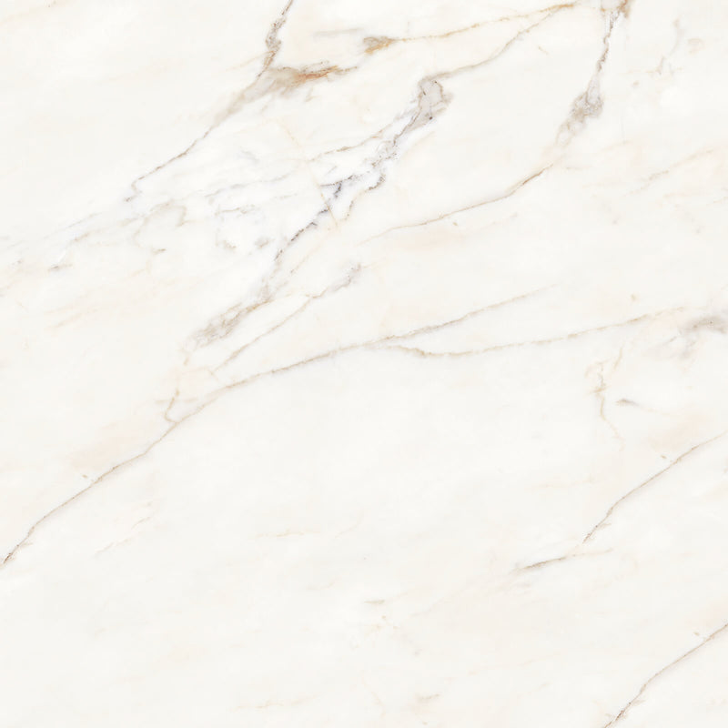Magnifica Encore Calacatta Oro honed porcelain surface detail with a soft white background, fine grey marble-look veins and delicate warm gold accents.