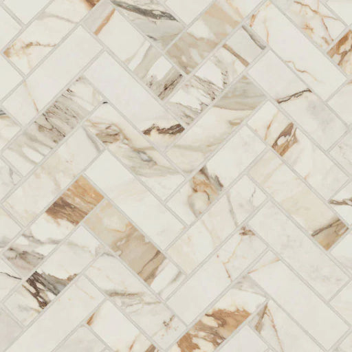 Magnifica Era Luxury Calacatta Borghini 1x4 Herringbone 12x12 Satin Glass Mosaic