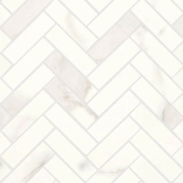 Magnifica ERA Calacatta Super White 12x12 8mm 1x4 Herringbone Honed Glass Mosaic