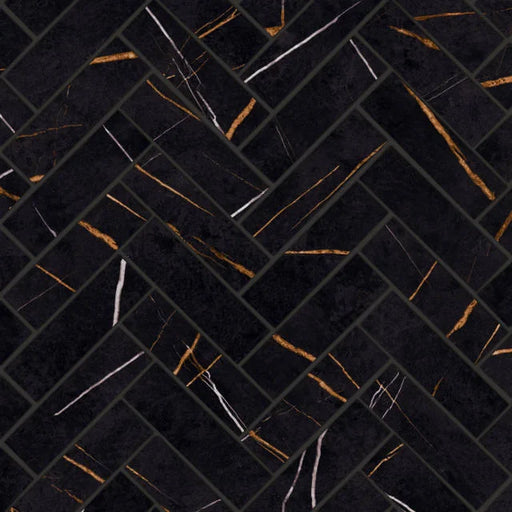 Magnifica Era Luxury Sahara Noir 12x12 1x4 Herringbone Satin Glass Mosaic