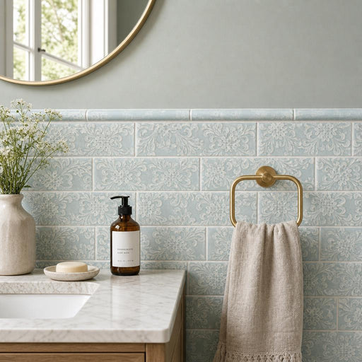 Maiolica Chantilly Venise Aqua Glossy 4x10 Ceramic Tile 4x12 — Bathroom wainscot cap