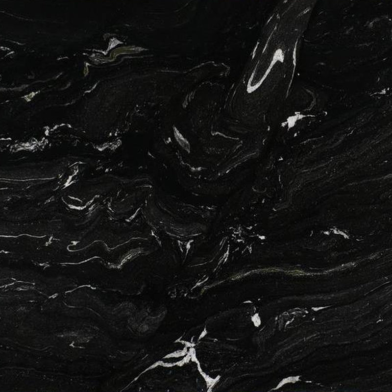Makalu 2cm polished granite slab showing a black surface with flowing white and gray veining.