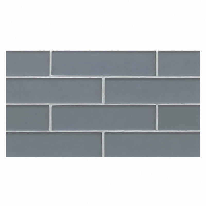 Manhattan 2x8 matte gray subway glass mosaic on a 16x8 sheet, centered on a white background.
