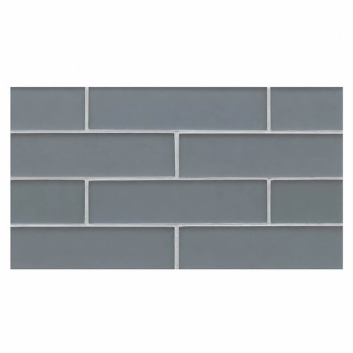 Manhattan 2x8 matte gray subway glass mosaic on a 16x8 sheet, centered on a white background.