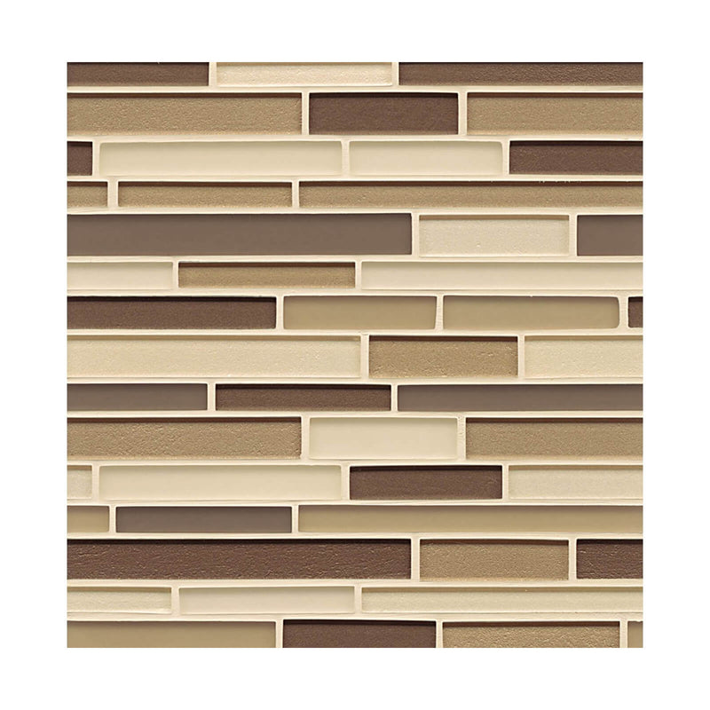 Close-up of Manhattan Plaza glass mosaic with cream, beige and brown strips in a random interlocking layout.