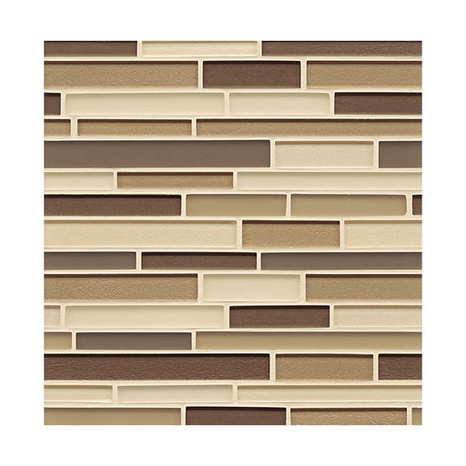 Close-up of Manhattan Plaza glass mosaic with cream, beige and brown strips in a random interlocking layout.