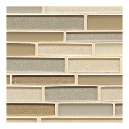 Close-up of Manhattan Time Square glass mosaic with cream, taupe and brown strips and clearly visible grout joints.