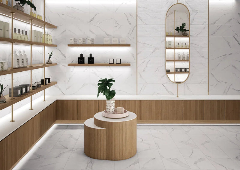 Marbleous Silk Calacatta 16x48 Rectangular Silk Ceramic Marble Look Wall Tile