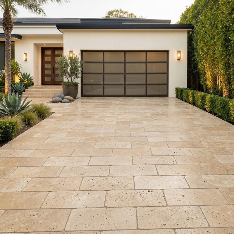 Marigold 12x24 Pool Coping 5cm Travertine Paver — Front Yard driveway