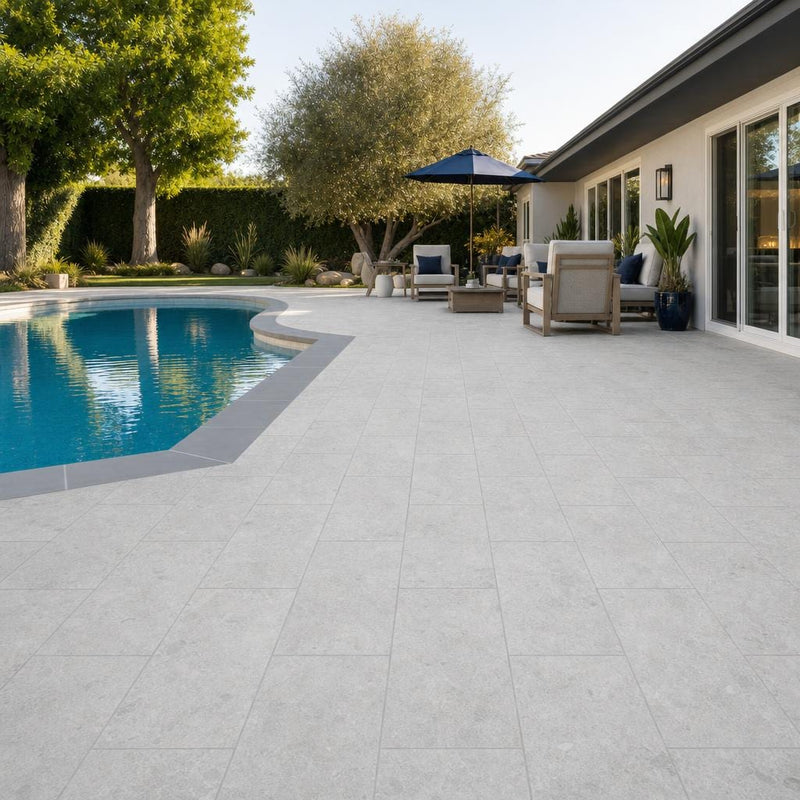 Marine Fantasy 12x24 Sandblasted Marble Paver — Backyard pool deck