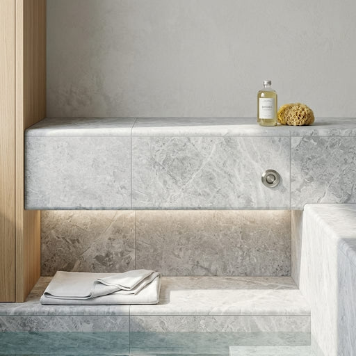 Marine Fantasy 12x24 Sandblasted Marble Single Bullnose Pool Coping — Spa spa overhang edge