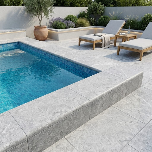 Marine Fantasy 12x24 Tumbled Marble Single Bullnose Pool Coping — Swimming Pool pool edge drop-face coping
