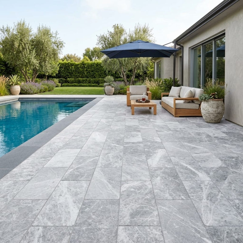 Marine Fantasy Marble Paver 12x24 Tumbled 2 inch — Backyard pool deck