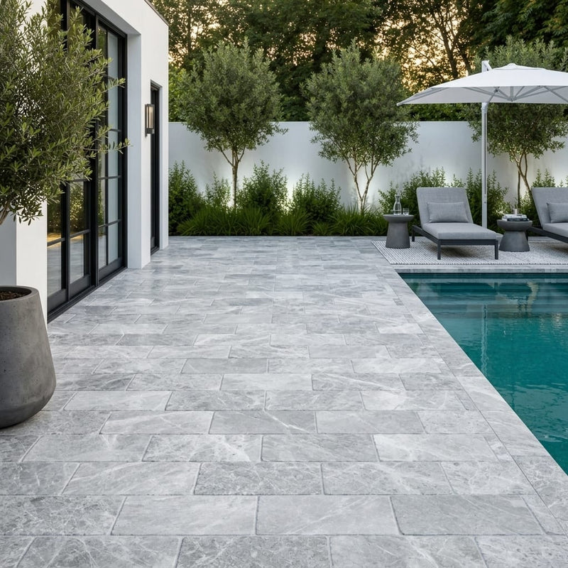 Marine Fantasy Marble Paver 6x12 Tumbled 1.25 inch — Backyard pool deck