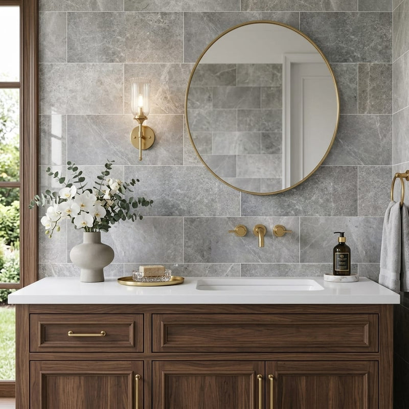 Marine Fantasy Marble Tile 12x24 Polished — Bathroom vanity wall