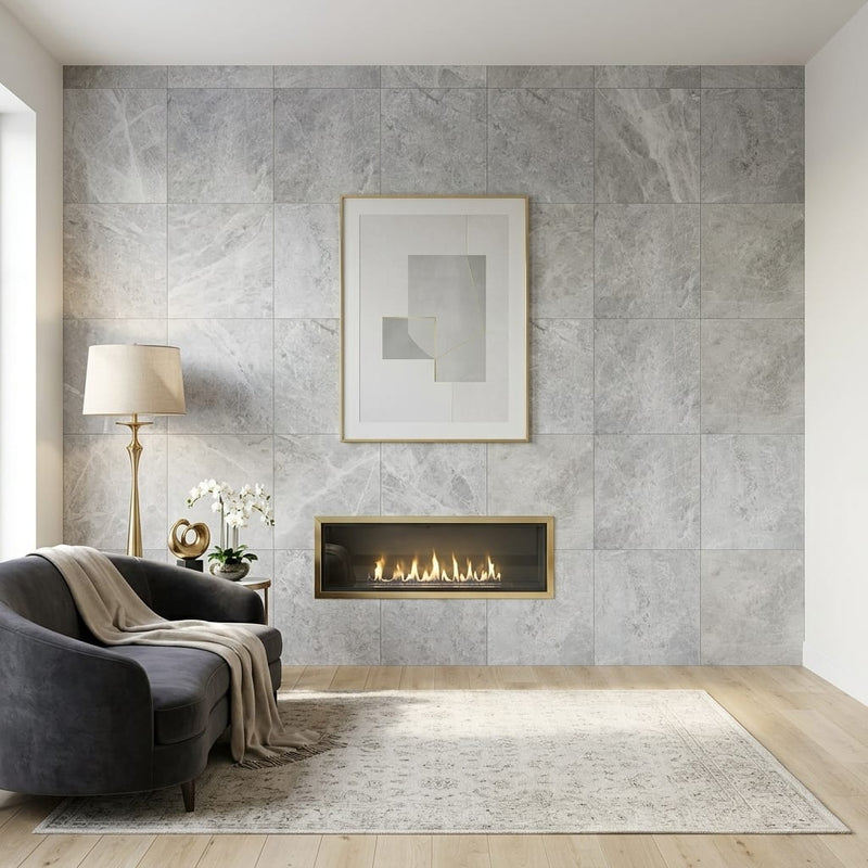 Marine Fantasy Marble Tile 24x24 Honed — Living Room feature wall