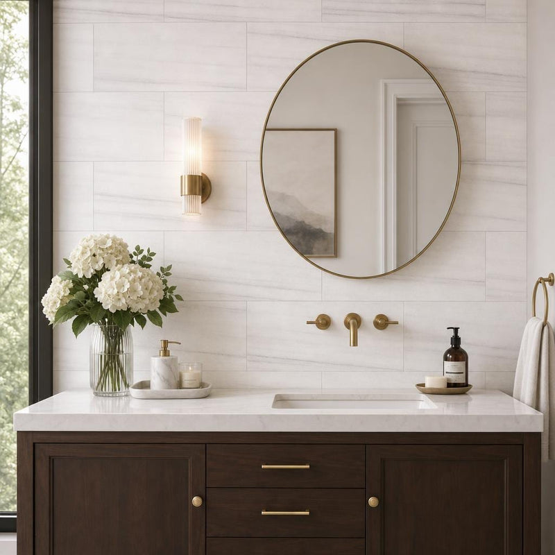 Marmara White 12x24 Polished Marble Tile — Bathroom vanity wall