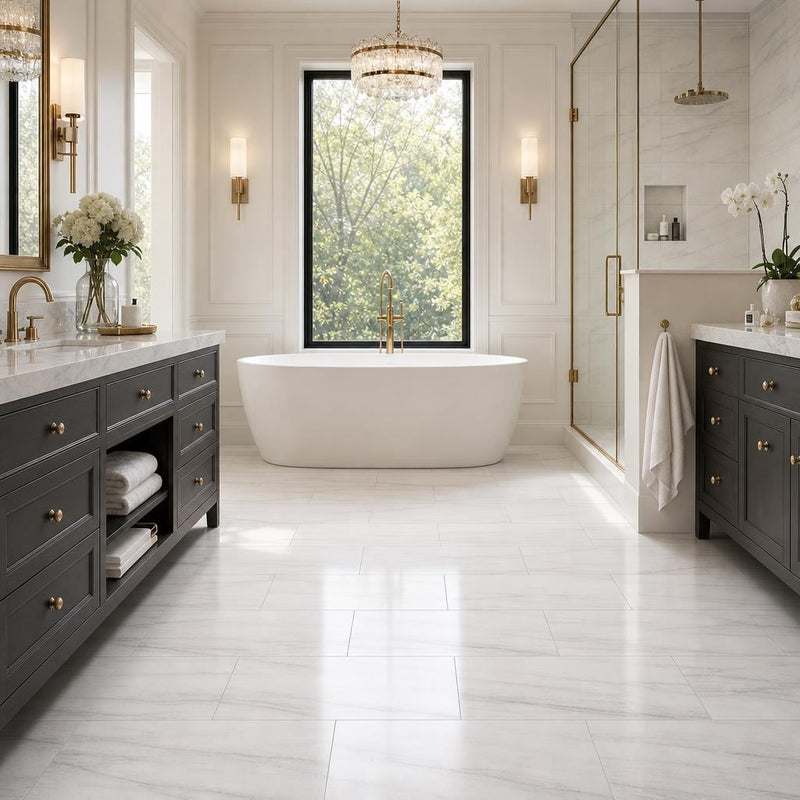 Marmara White 12x24 Polished Marble Tile — Primary Bath floor