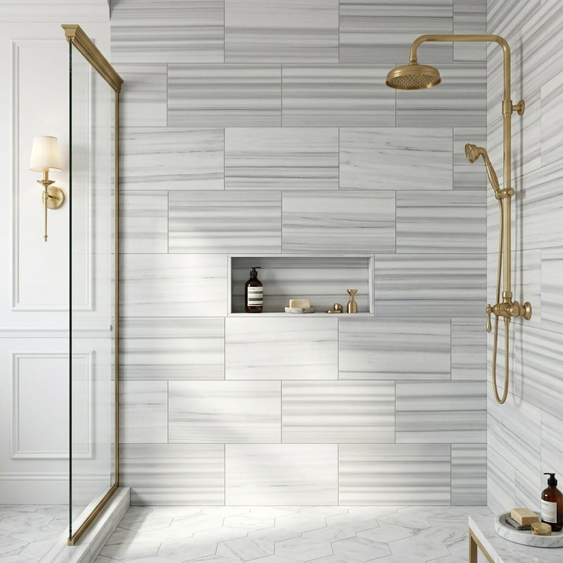 Marmara White Marble Tile 12x24 Honed — Bathroom shower wall