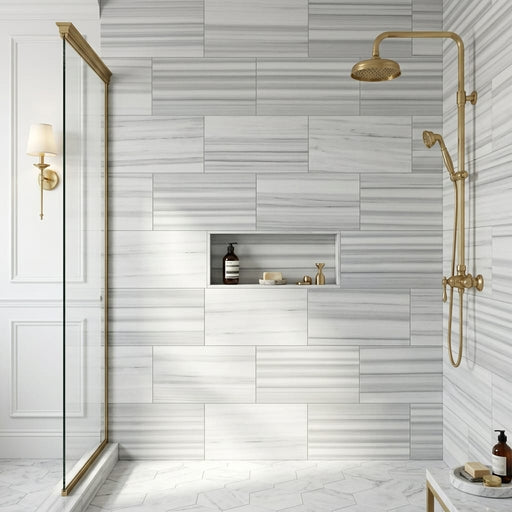 Marmara White Marble Tile 12x24 Honed — Bathroom shower wall