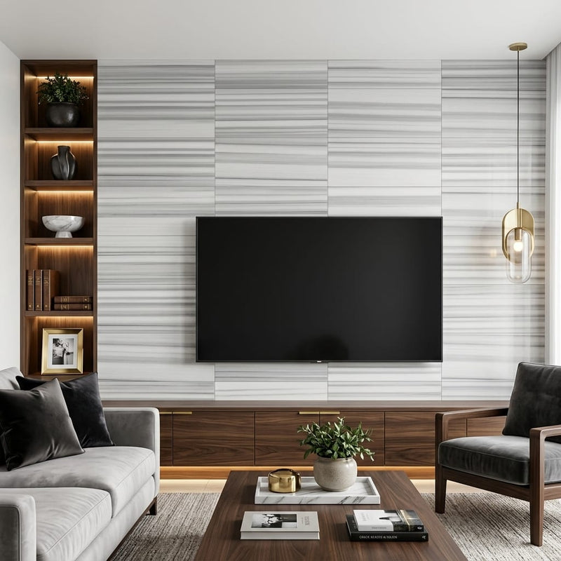 Marmara White Marble Tile 12x24 Honed — Living Room feature wall
