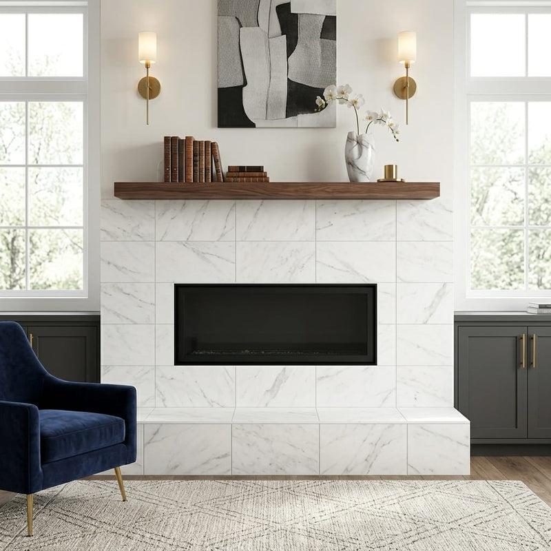 Marmo Bianco 12x24 Matte Marble Tile — Living Room fireplace surround
