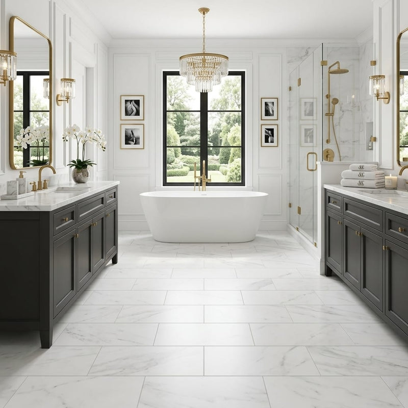 Marmo Bianco 12x24 Matte Marble Tile — Primary Bath floor