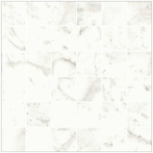 Marmo Bianco matte porcelain mosaic with square white marble-look chips, delicate grey veining and fine pale grout lines.