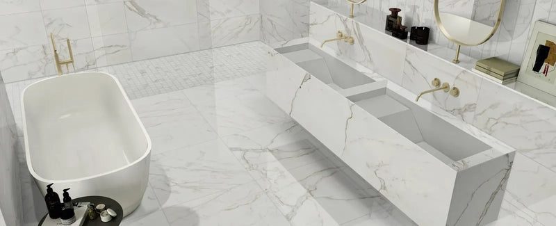 Marvel Calacatta Extra Polished Archer Mesh Porcelain Mosaic
