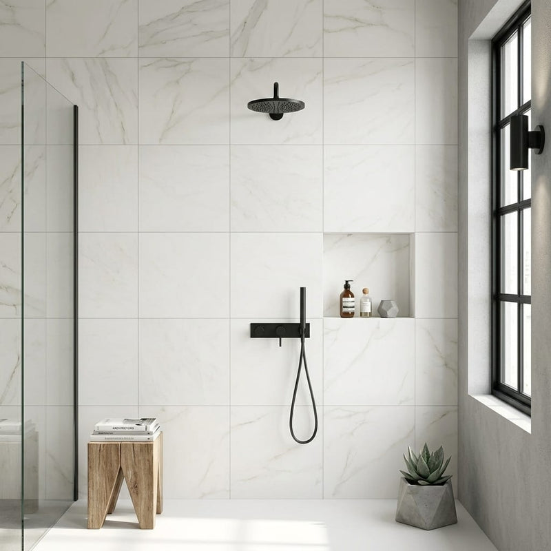 Marvel Calacatta Apuano 24x24 Matte Porcelain Tile — Bathroom shower wall