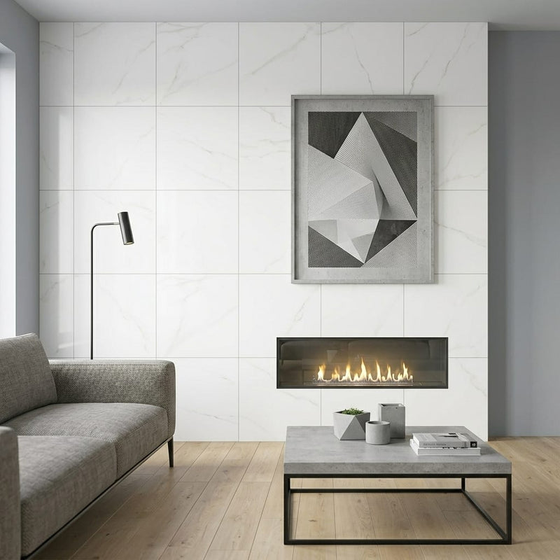 Marvel Calacatta Apuano 24x24 Matte Porcelain Tile — Living Room feature wall