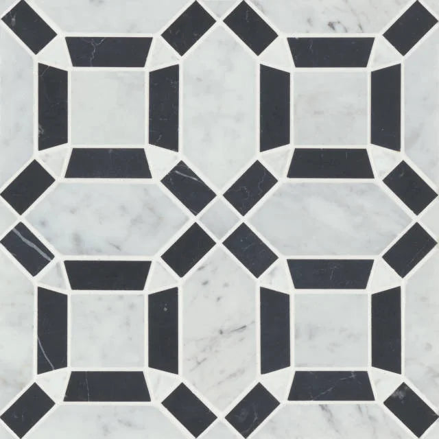 Matisse White Carrara & Nero Marquina 11.25x11.25 Blend Honed Marble Mosaic