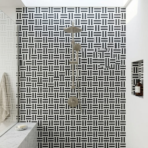 Matisse White Carrara & Nero Marquina 2x2 Blend Honed Marble Mosaic — Bathroom shower wall