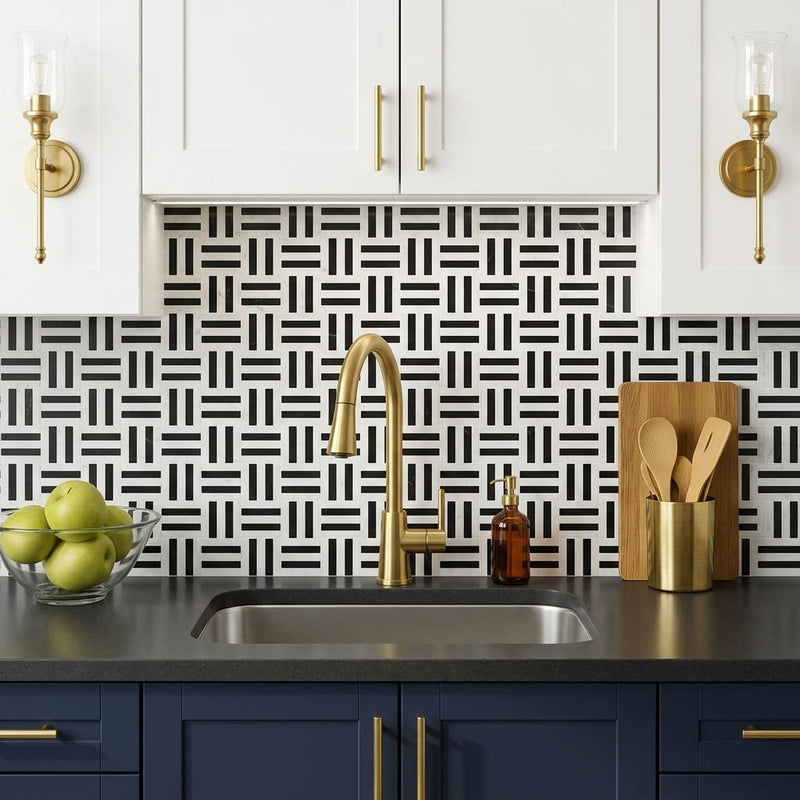 Matisse White Carrara & Nero Marquina 2x2 Blend Honed Marble Mosaic — Kitchen backsplash