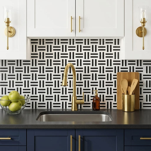 Matisse White Carrara & Nero Marquina 2x2 Blend Honed Marble Mosaic — Kitchen backsplash
