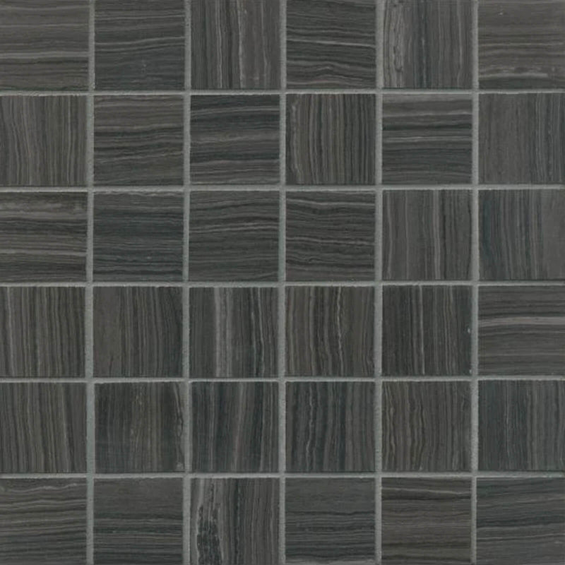 Matita Unica 12x12 honed marble mosaic with 2x2 dark gray square tiles and alternating linear veining.