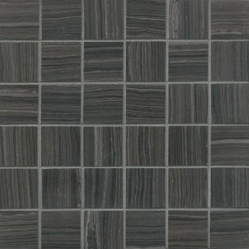 Matita Unica 12x12 honed marble mosaic with 2x2 dark gray square tiles and alternating linear veining.