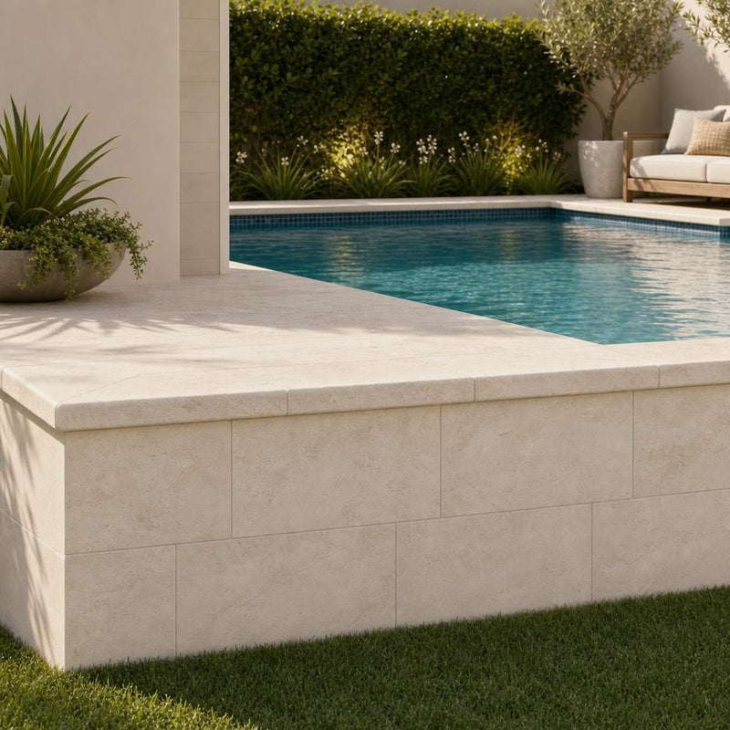 Mayra White 12x24 Tumbled 3CM Travertine Pool Coping — Swimming Pool raised bond beam cap