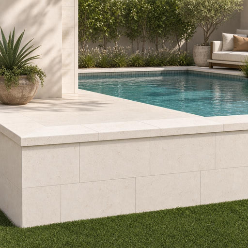 Mayra White 12x24x2" HUF Eased Edge Travertine Pool Coping — Swimming Pool raised bond beam cap