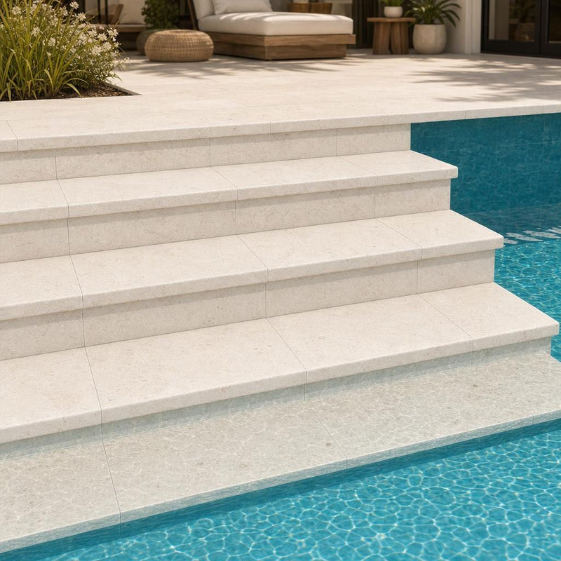 Mayra White 12x24x5CM Tumbled Travertine Pool Coping — Swimming Pool pool step edge