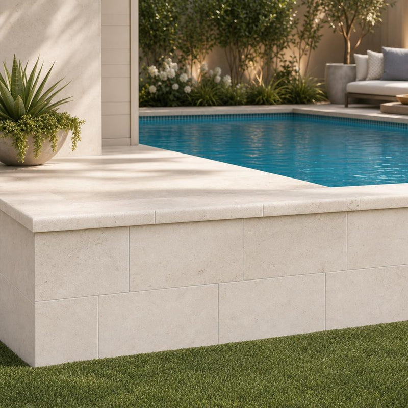 Mayra White 12x24x5CM Tumbled Travertine Pool Coping — Swimming Pool raised bond beam cap