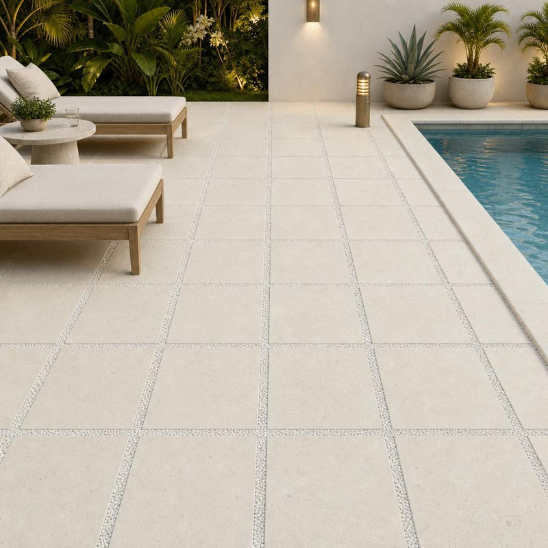 Mayra White 24x24 Tumbled Limestone Paver — Backyard pool deck