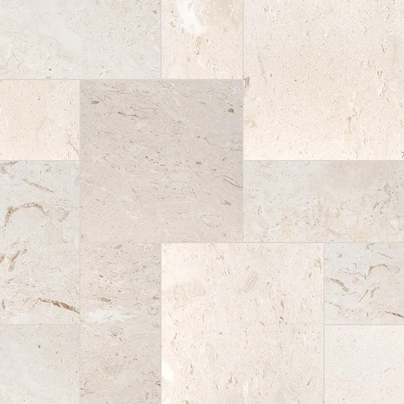 Mayra White brushed limestone tiles in a mixed-size pattern with ivory tones and subtle natural markings.