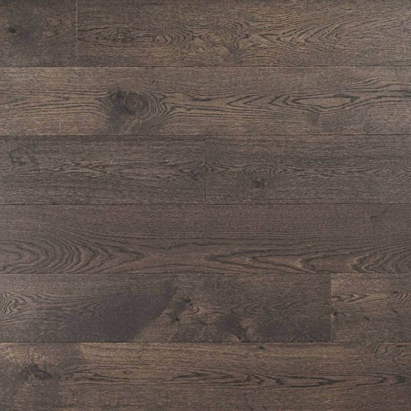 Dark brown-gray brushed hardwood planks with natural wood grain and knots.