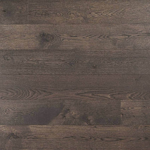 Dark brown-gray brushed hardwood planks with natural wood grain and knots.